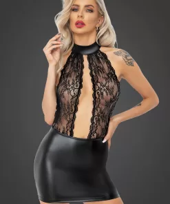 F279 Short Powerwetlook Dress with Lace Top